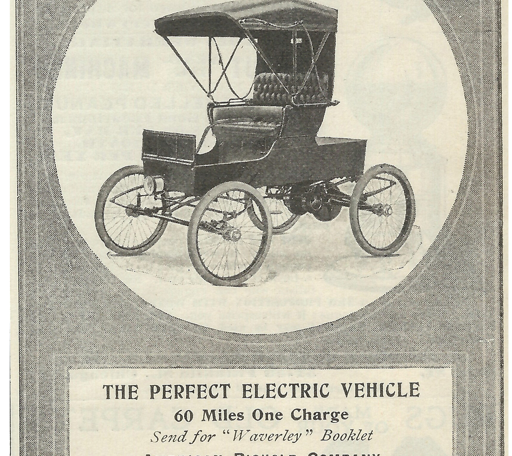 Newspaper clipping from 1901, picturing the Waverley Electric and descibing it as "The Perfect Electric Vehicle"