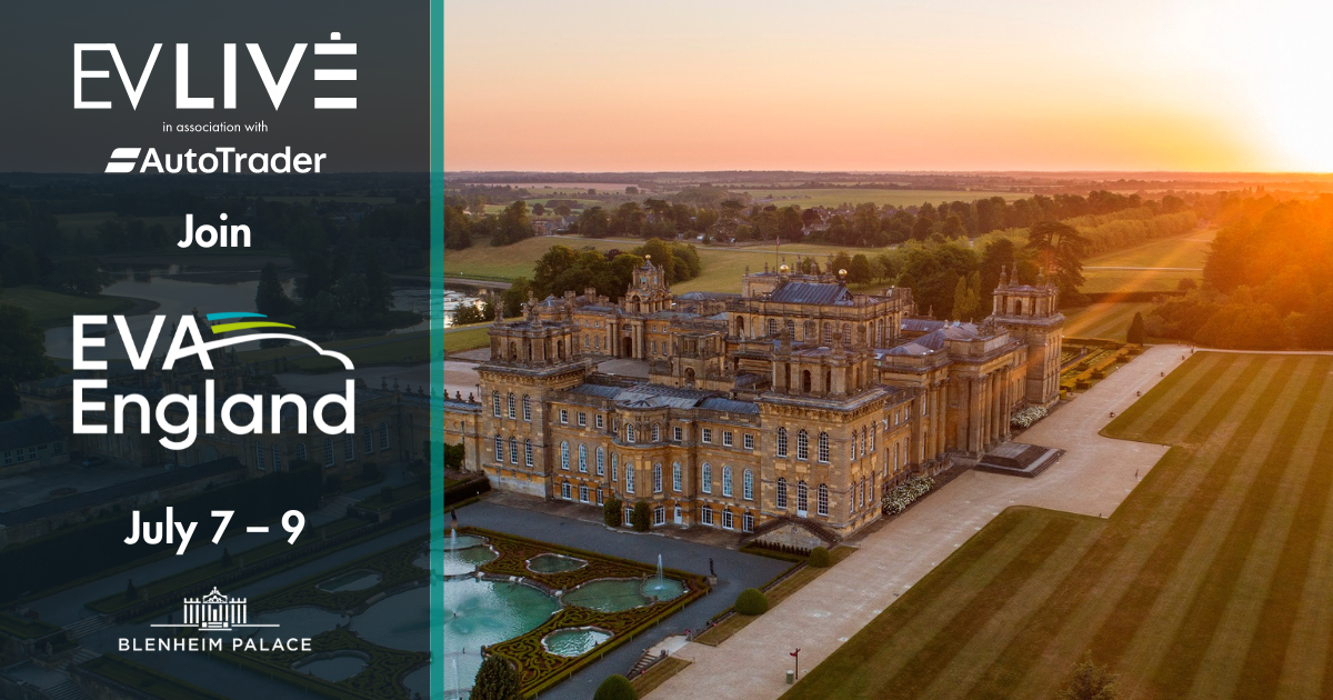 Banner for EV Live at Blenheim Palace, which takes place on July 7-9. It shows an arial shot on the palace and its grounds, with the sun setting in the horizon.
