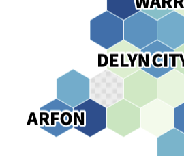 Close shot of the Constituency EV Map, made of hexagons of different colours. One of them has a checked pattern instead of colour.
